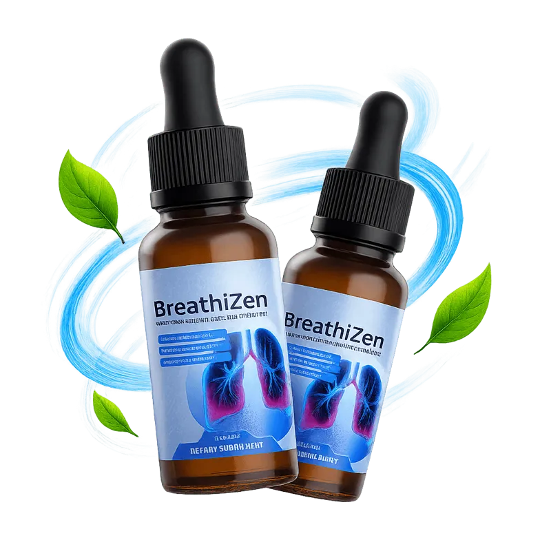 BreathiZen bottles surrounded by leaves and soft blue airflow