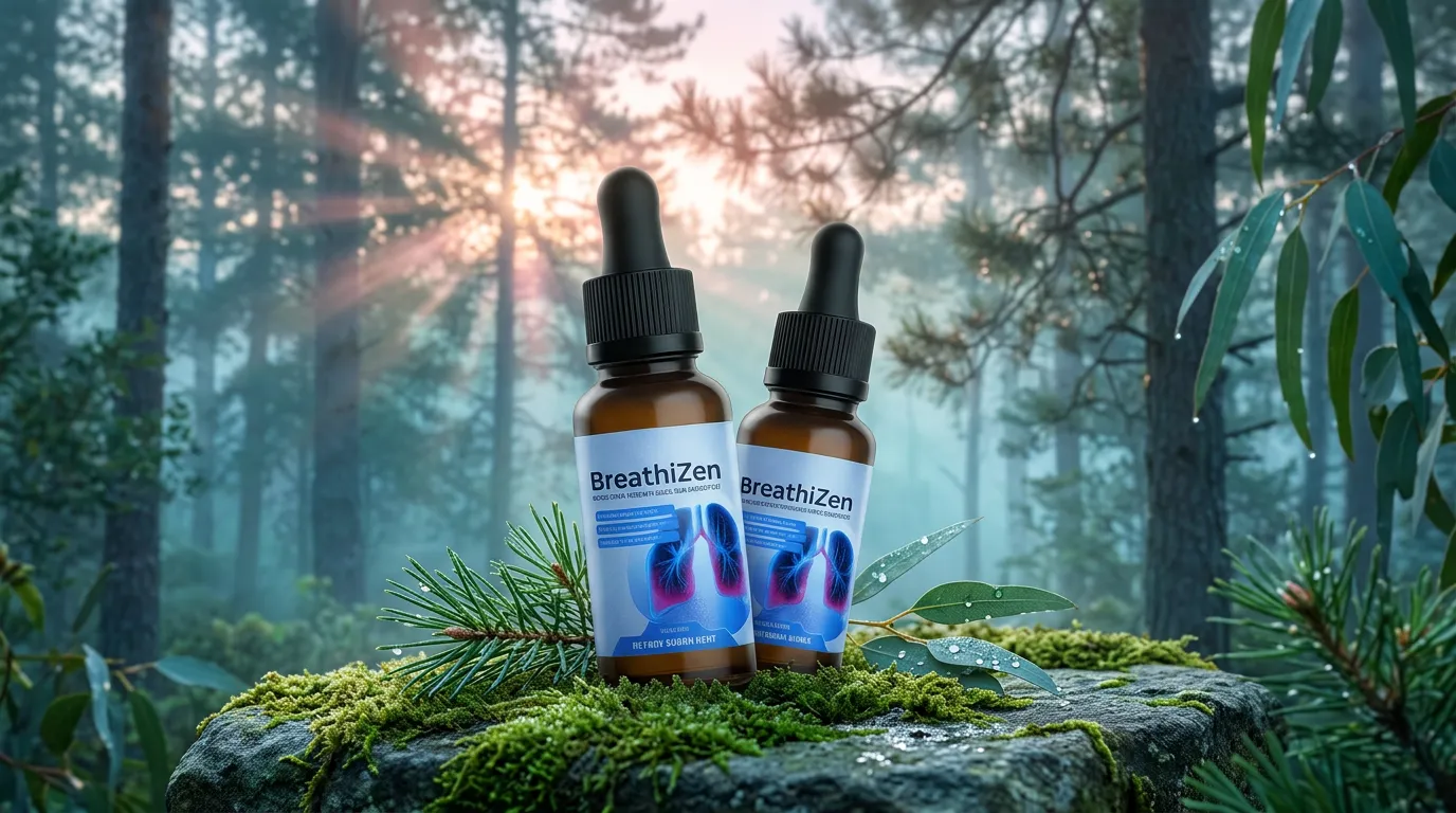 BreathiZen bottles on a mossy stone in a misty forest at sunrise