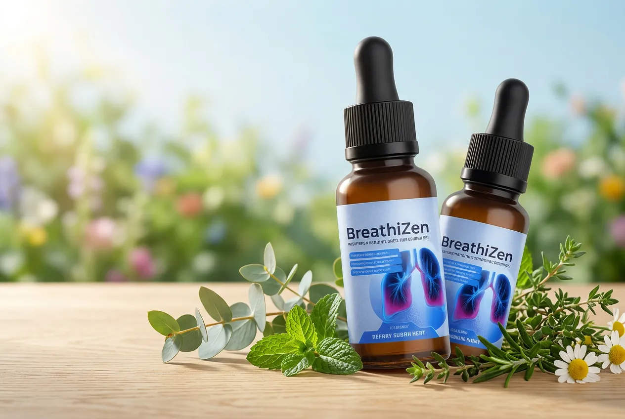 Two BreathiZen bottles on a wooden surface with fresh eucalyptus, mint and herbs in soft morning sunlight